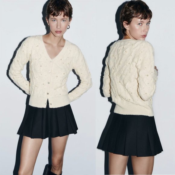 NEW Zara Pearl Textured knit Cardigan size M - Picture 2 of 3